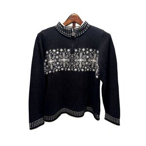 Christopher & Banks Pull Over Black White Christmas Holiday Snowflake Sweater L